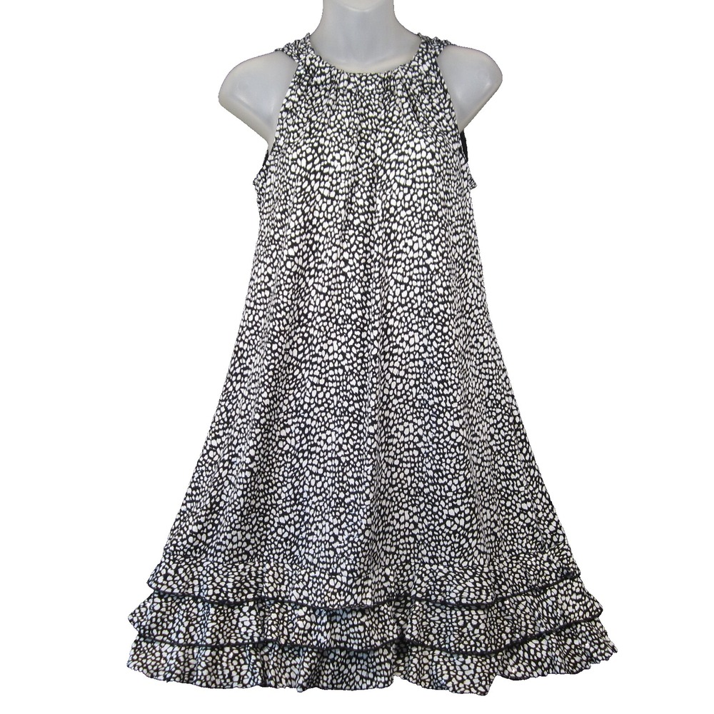 JBS Ltd Tank Dress Womens 8 Black White Animal Print Layered Hem Bold Minimalist